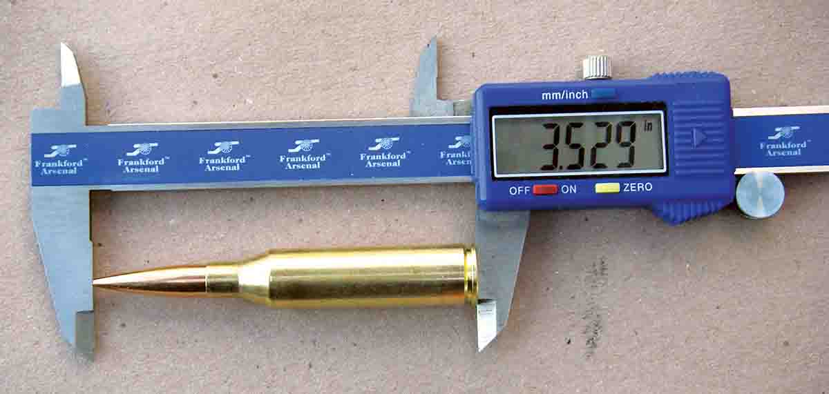 Overall cartridge length of a .300 Norma factory load, as measured with a Frankford Arsenal caliper, is 3.529 inches. Maximum overall cartridge length is 3.681 inches, which is too long for the cartridge to be housed in standard .30-06 actions.